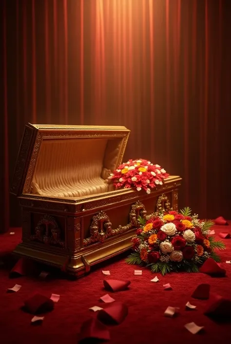 A luxurious open casket with a bouquet of flowers on the floor ,with a red and gold filter  