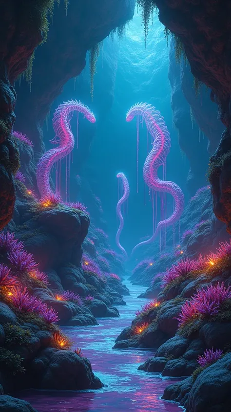 A meticulous painting that captures the ethereal glow of the bioluminescent flora and fauna, the sinuous, primal forms of strange creatures, and the untamed beauty of a primordial, surreal underground ecosystem, rendered in vibrant neon hues and iridescent...