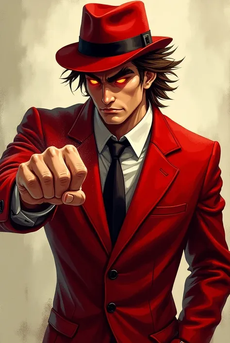 A guy smirking , brown hair wearing red fedora hat, wearing red suit, eyes is glowing with trail in the eye, prepare to punch, drawing style 
