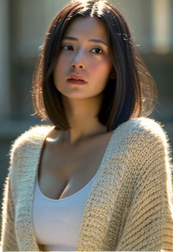 8k,  There is , masterpiece:1.2), (Realistic,  photorealistic :1.37),  There is , masterpiece,   beautiful young woman, Thoughtful expression,、Attractive、そしてAttractive表情,  oversized knit 、Cleavage, Tie your hair back, Cinematic background, Light skin color...