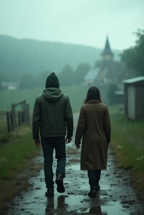 Two friend approaching village in rain fromfair