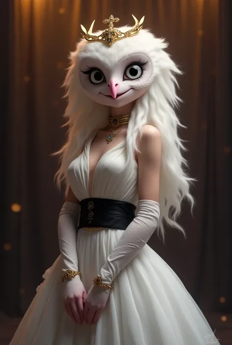 ( the best quality,  masterpiece:1), Female hairy anthropoid stella, owl, portrait, Star dress,  White dress , Black belt, pink beak,  standing, golden crown,  looking to the side ,  Mouth Closed, smile, with eyes wide open, pupilas blancas,  elbow gloves ...