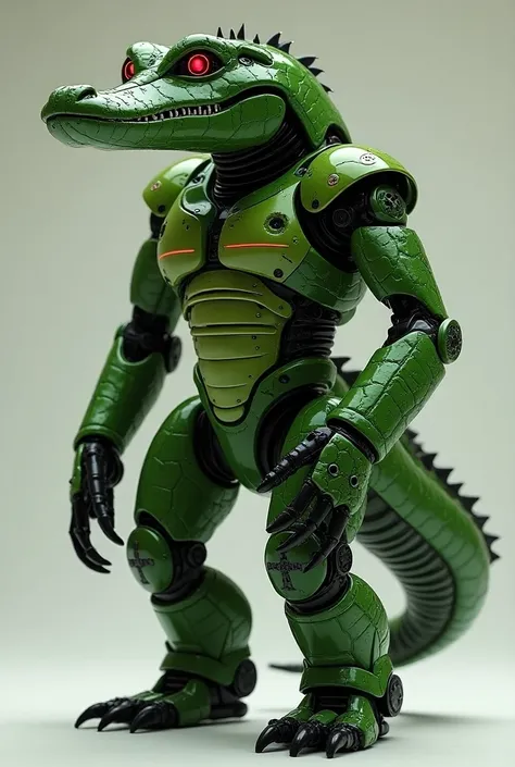 An alligator robot with human anatomy;  colors green with dark green details ; dark star glasses  ;  claws color black ; red eyes; height of 2 (two) metres; long hot;  long dark green pants with details similar to giraffe skin 