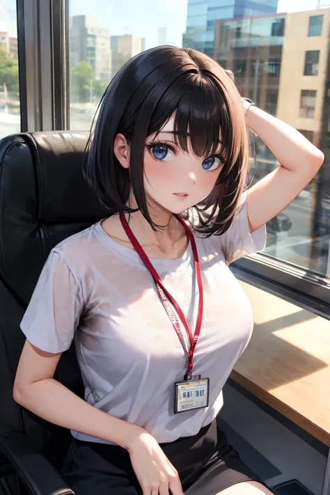 OL、At the office, girl, Short black hair、Large Breasts、White knit、Short sleeve、Wear an employee ID around your neck、 black miniskirt in a window seat,
