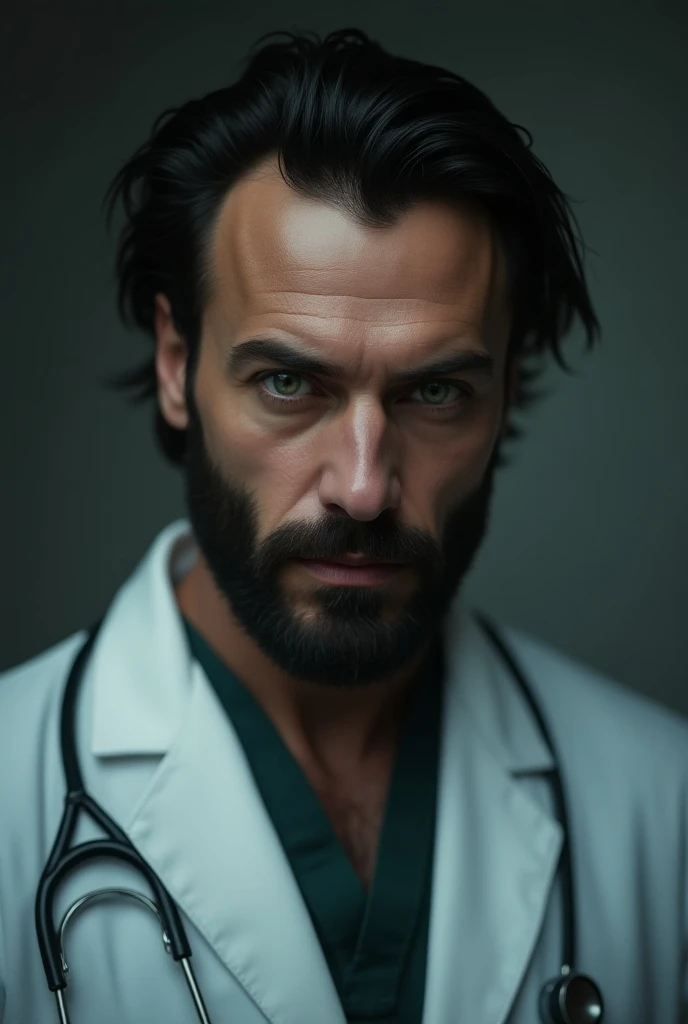 Russian,  2 meters tall , muscular,  black hair and beard, sea green eyes, cardiologist , sexy