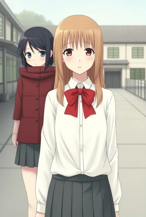 ###  Character in the Foreground
-  **clothes**:  The character in the foreground is wearing a uniform attitude Japanese schoolboy traditional .  The blouse is white with long sleeves and has a classic collar .  The tie is a vibrant red bow ,  that contras...