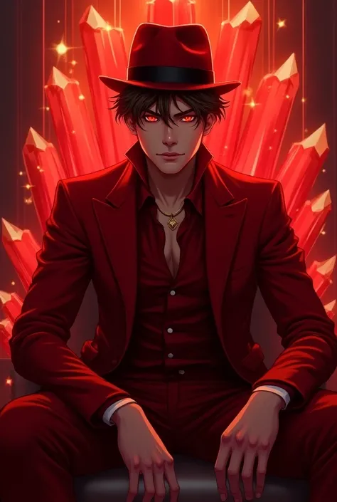 A guy around 23, smirking , brown hair wearing red fedora hat, wearing red suit, eyes is glowing with trail in the eye, sitting on the red crystal throne, drawing style 
