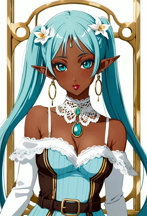 Score_9, score_8_up, score_7_up, score_6_up, ganguro, source_anime, 1girl, solo, white background, abstract rectangular background, upper body, looking at viewer, BREAK, cyan highlights, hoop earrings, BREAK, cyan lips, dark skin, makeup, eyeshadow, cyan d...