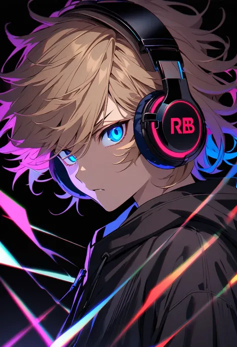 solo、Beige hair、Wavy hairstyle、Semi-long、Cat Eyes、Sharp Eye、Rinnegan、dark blue eyes 、cool、 very detailed,male、1 person, 20th Generation、Alone, dark brown hooded robe,comical、 headphones RGB lighting