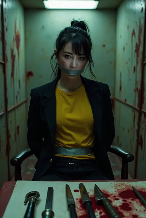 Li BingBing wearing black pants and yallow t-shirt with black jacket in old bloody butcher freezer sitting on the chair hands tied in her back mouth taped by silver duct tape torture tools on the table 