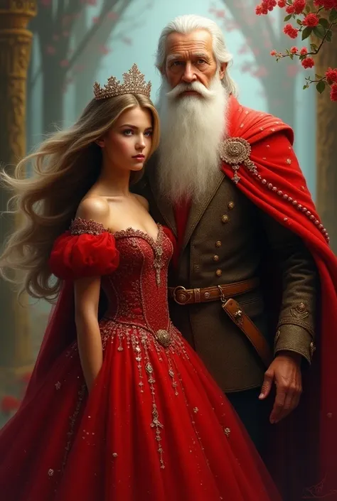 girl with loose hair ,  silver crown and red princess dress with her tall grandpa