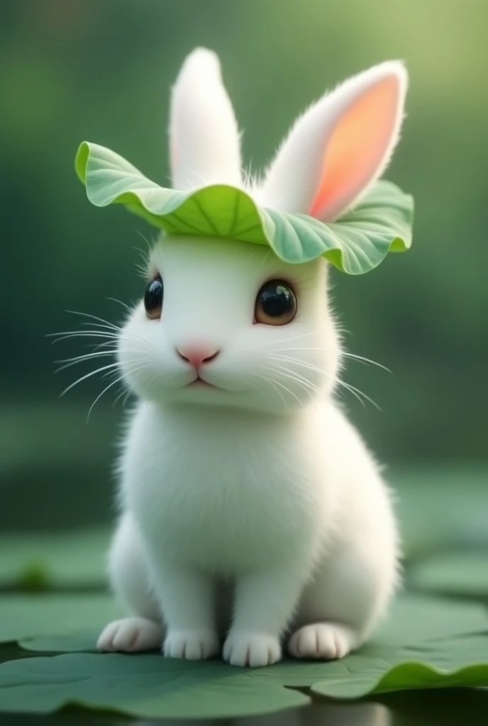 White rabbit with lotus leaf on head