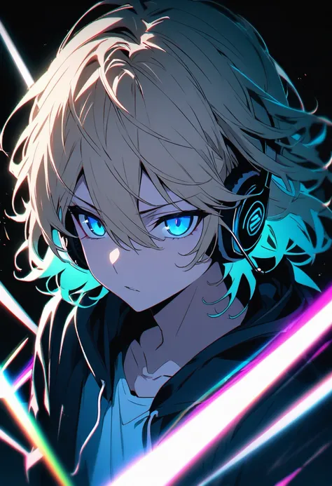 solo、Beige hair、Wavy hairstyle、Semi-long、Cat Eyes、Sharp Eye、Rinnegan、dark blue eyes 、cool、 very detailed,male、1 person, 20th Generation、Alone,  hoodie,comical、 headphones RGB lighting