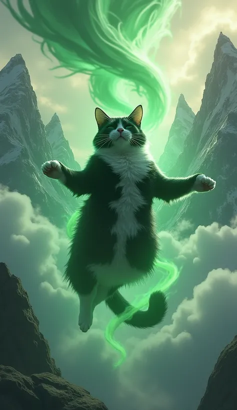 masterpiece, Best Quality,  very detailed, Create an image of a black and white cat with closed eyes, floating above the clouds, with its front paws spread to the side and summoning a green tornado from behind it. The background features mountain peaks for...