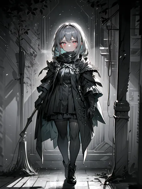 (((masterpiece, best quality, high detailed, 16k))) (1girl) A mysterious queen cloaked in living shadows, her glowing silver eyes piercing through the darkness. Her skin is dark, ashen gray, and her long black cloak swirls around her like liquid night. She...