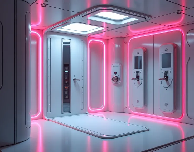  high-tech future shower aboard a spaceship,( future gym shower in a spaceship , incredibly technological interior ) Touch panels ,розовый neon lights on the rim, 8k rendering, photorealistic, in the style of a movie, realistic materials