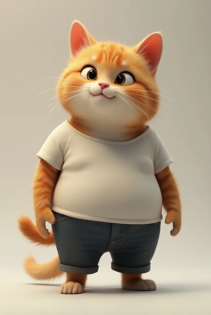 Real animated cat, stopped, sideways, high, panzon, with t-shirt and pants.