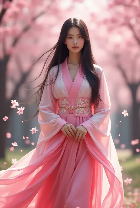 Beautiful Indonesian woman with long straight hair wears pink and white dyed Chinese kungfu outfit against cherry blossom background 