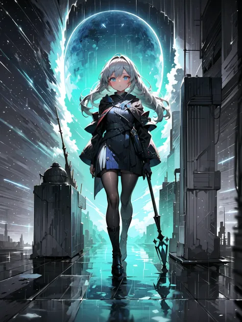 (((masterpiece, best quality, high detailed, 16k))) (1girl) A celestial goddess with long flowing silver hair that blends into stormy winds. Her piercing blue eyes glow like the depths of the night sky. She wears robes of swirling clouds, laced with golden...