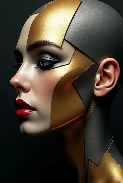 Non-existent cubist art forming a womans face, strokes and flat elements, bronze, gold and silver, dark background
