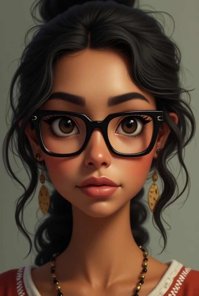  make the realistic image of a woman with indigenous features , hexagonal face, slanted and small eyes,  upturned nose but chubby .  Her hair must be very dark brown , almost black, curly and straight at the root ,  must be split in the middle without frin...