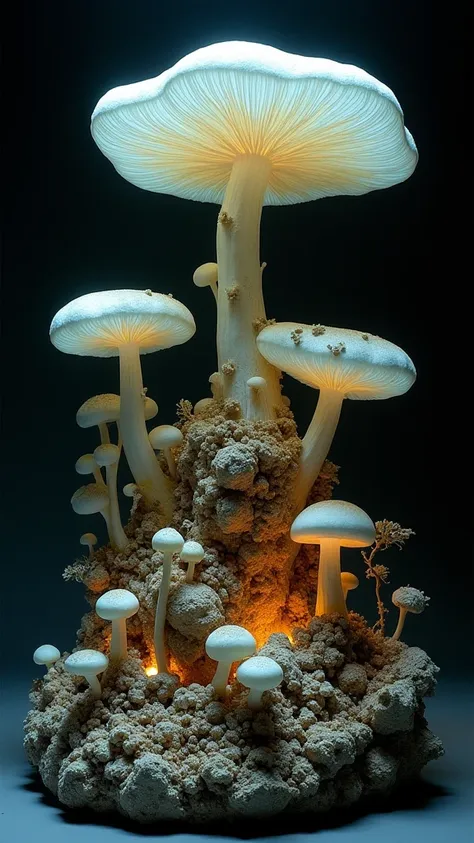 Organic, primal sculptures incorporating bioluminescent fungi, fossilized remains, and animalistic forms, evoking the timeless, elemental essence of an untouched, primordial underground ecosystem governed by the laws of natural selection, where the etherea...