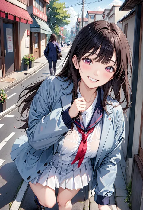  cute girl 、Large Breasts、G-Cup、 high school girl uniform、Long black hair、((Student Uniform, school bag(((  gray jacket:1.5))), open jacket, Long sleeve, Red ribbon,  white shirt,   collared shirt, button, black vest,   pleated skirt , Black socks,   Black...