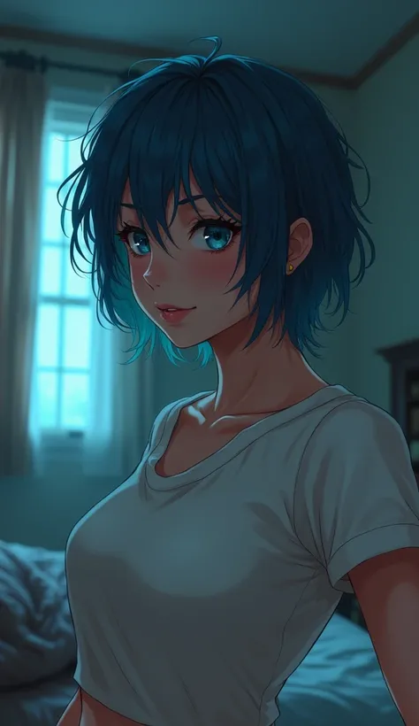 a super beautiful woman wearing a t-shirt, 1girl, short blue hair, messy marla singer hair, fight club ambience, (wearing t-shirt), bedroom background, anime style, round face, sexy smile. 