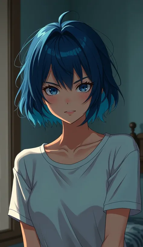 a super beautiful woman wearing a t-shirt, 1girl, short blue hair, messy marla singer hair, fight club ambience, (wearing t-shirt), bedroom background, anime style, round face, sexy smile. 