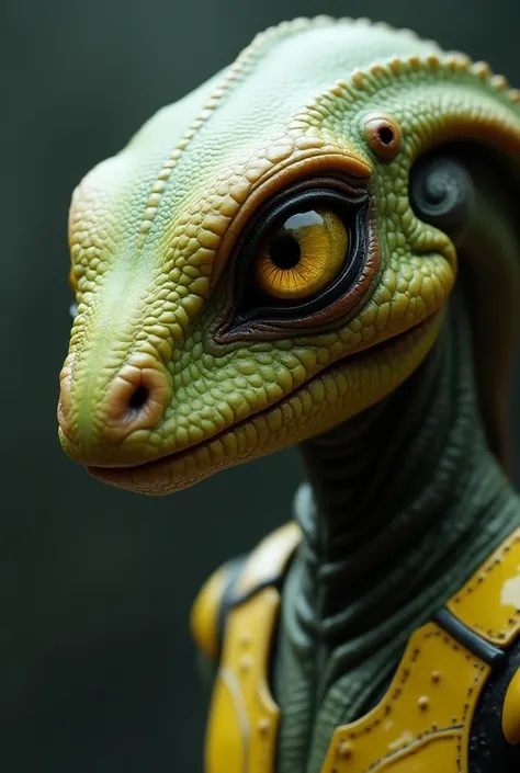 Close up side photography of humanoid reptilian alien, detail wet scaly skin, Wide large yellow eye, round oval head, wear silver and yellow mecha suits