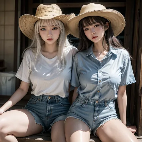 Real Korean woman with short semi-wavy all white hair with bangs blue eyes, dressed in sexy denim shorts and a checkered denim shirt , and a brown cowboy hat  ,riding a bull 