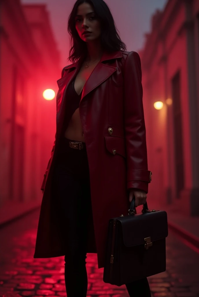 a woman in a red leather coat holding a briefcase, cinematic marvel, very sexy devil outfit, symmetrical slender body, images on the sales site, bounty hunter, magenta, night raid, kashin, goo, mix of vatican styles, advertising image, assassin