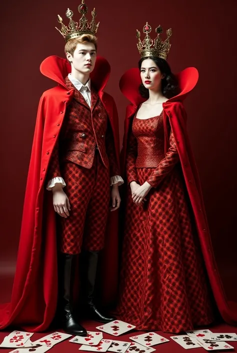 Costume of the king and queen of hearts and cards to recreate in real life with capable reds and crowns and playing cards in their costumes