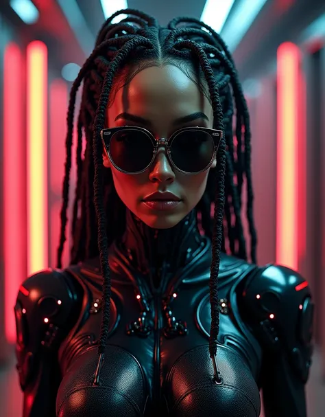 A cyborg woman with dreadlocks made of optic wires of massive craftsmanship, the face is beautiful and symmetric, wears high tech sunglasses equipped with mini LED light stripes, the torso is resembling a female hourglass figure but has many electronic imp...