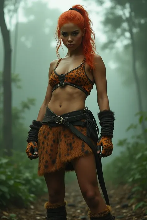 A Striking Female Warrior, Orange-haired,
(Tanya Roberts: Zendaya:0.5), powerful figure,
adorned with tiger-patterned gloves,
animal skin kilt that swirls with life,
furry suede ankle boots that ramp up the wild vibe,
set against the backdrop of a Triassic...