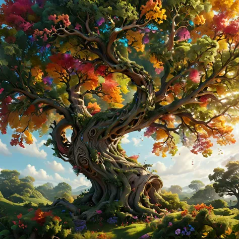 Masterpiece, Award Winning, UHD, Design Generate a whimsical oak tree with exaggerated curves and spirals, featuring a kaleidoscope of colors in the leaves, set in a fantastical landscape that evokes a sense of joy and playfulness.