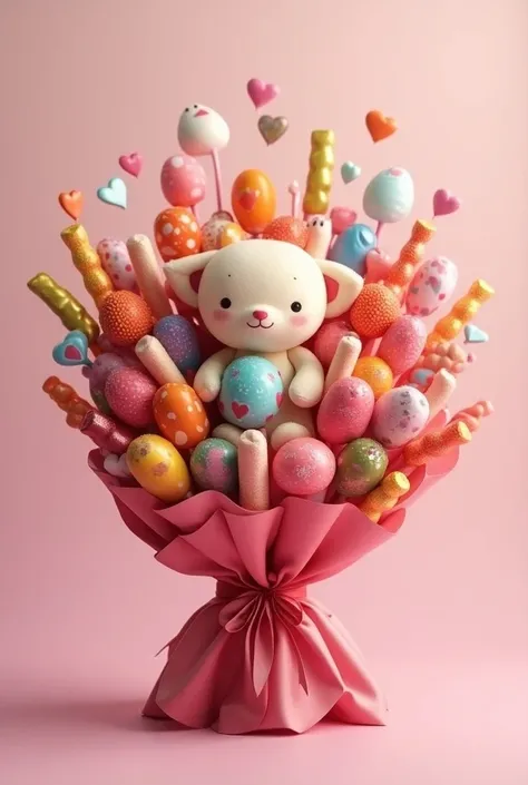 Realistic bouquet of candies wrapped with a plush toy in the center 