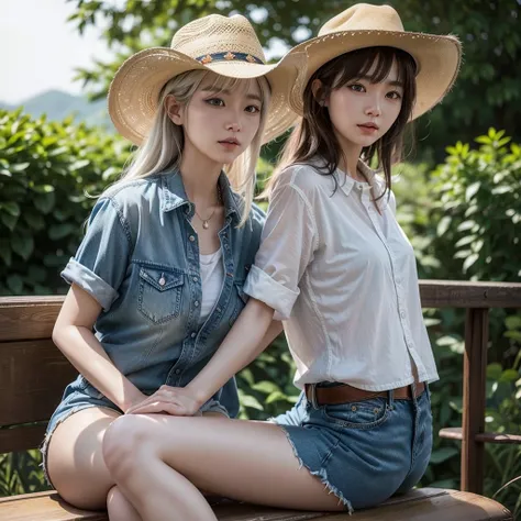  In the distance you can see a real Korean woman with short, semi-wavy white hair with bangs and blue eyes, dressed in sexy denim shorts and a short checkered denim shirt   , and a brown cowboy hat  ,riding a bull 