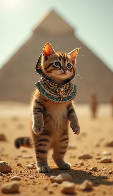 kitten、animal、 standing on two legs 、 High Resolution 、Real、 Pyramid in the background 、Im wearing a Sphinx costume、