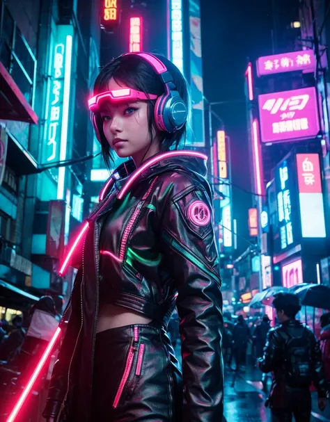 "Create a highly detailed cyberpunk scene set in a futuristic neon-lit city at night. The character is a cybernetically enhanced human with short, messy hair that glows in vibrant neon colors, shifting between electric blue, pink, and green, illuminating t...