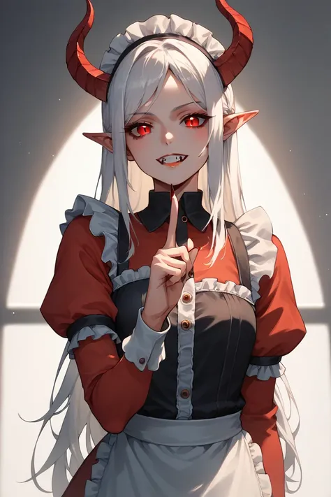 demon girl, 2 little brown horns, white hair, red eyes, vampire teeth, wearing a red maid outfit, one index finger raised, one pointing to up, looking to viewer, elf pointy eyes, explaining something, without light and shadow, nails painted black, no light...