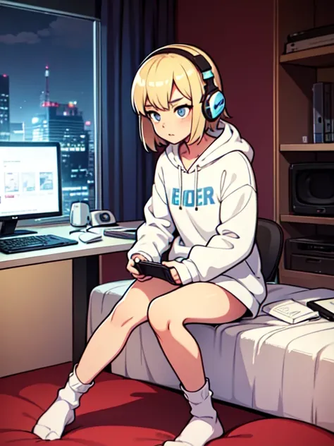 20 years old, adult, high,  girl, gamer, short blonde hair, white pajamas, Gamer headphones, Sitting on a messy bed, computer, messy room, White socks, night