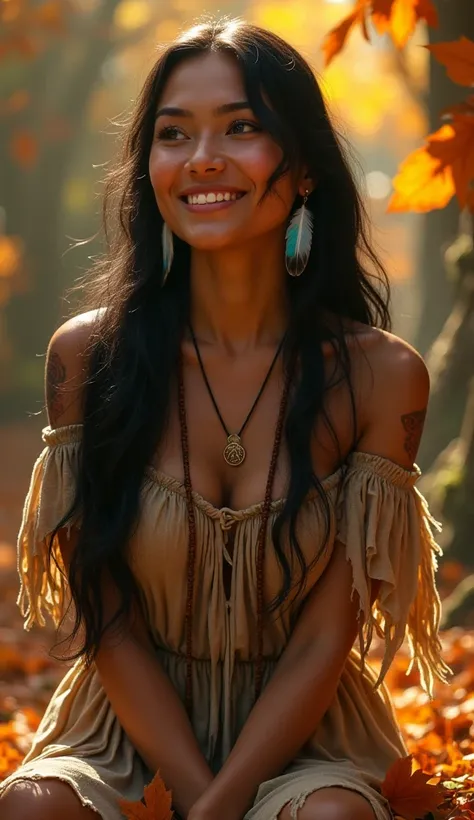 Create a serene and ethereal. A captivating of Pocahontas is a beautiful, voluptuous woman with tan skin, captivating dark brown eyes, red lips, and long, raven-black hair. She has a tall, delicate features, natural face, a neutral expression, wear an off-...