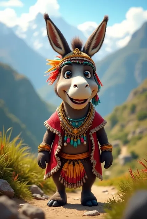  Generate a donkey disguised as an Inca a little lively, smiling cheerfully 