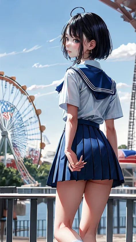 masterpiece, Best Quality,  High Resolution , YM1, Blue sailor collar,   blue skirt  , Short sleeve,  white shirt, White socks, Seraph,  pleated skirt,   school uniform, Blue neckerchief, from behind, amusement park,