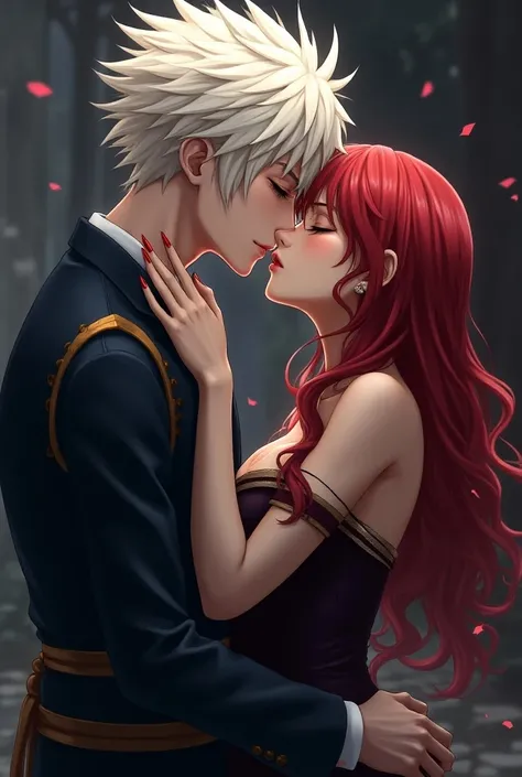 Jujutsu Kaizen, Nanami Kento white blonde hair, Create an image of the Jujutsu no Kaisen anime, featuring the character Nanami Kento kissing a white-skinned, red-haired, woman.