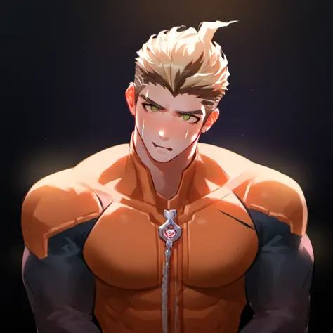 score_9, score_8_up, score_7_up, rating_explicit, source_anime, handsome guy, muscular, burst fade, plum, sexy pose, villain suit,  danganronpa style,  Dark environment, sexy suit, 