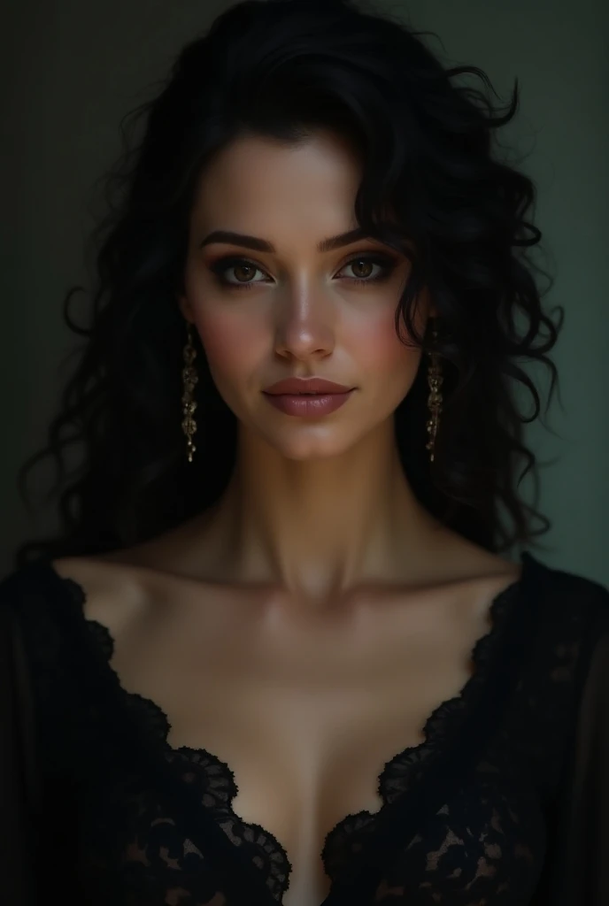 Beautiful 40-year-old woman with curly black hair, Eyes in the color brown striking look ,  sexy smile wearing witch clothes  