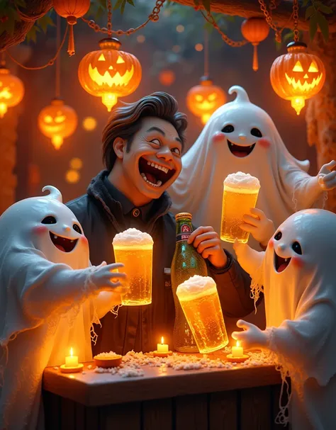 In a vibrant Hong Kong bar, a group of mischievous ghosts and a Hong Kong man gather to raise their glasses in a toast. The atmosphere is electric with Halloween revelry, as they savor the crisp taste of Asahi Japanese beer. The Pixar-inspired scene bursts...