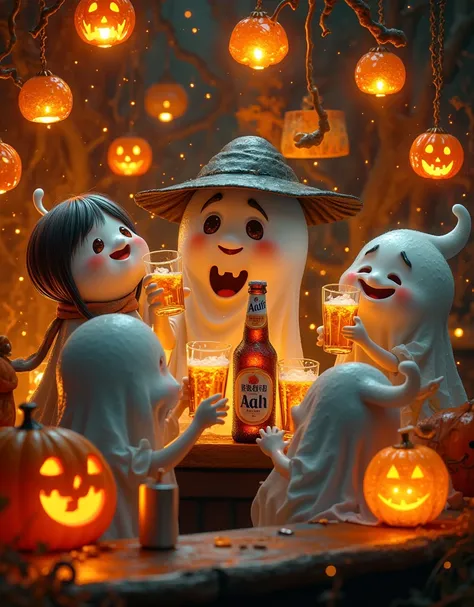 In a vibrant Hong Kong bar, a group of mischievous ghosts and a Hong Kong man gather to raise their glasses in a toast. The atmosphere is electric with Halloween revelry, as they savor the crisp taste of Asahi Japanese beer. The Pixar-inspired scene bursts...